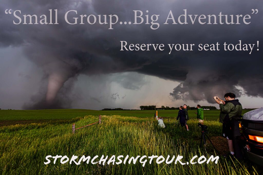 Tour Guests Watch a Cone Tornado in Front of the Tour Van.